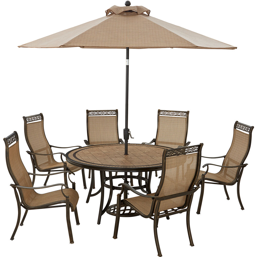 Monaco7pc: 6 Sling Dining Chairs, 60" Round Tile Table, Umbrella, Base