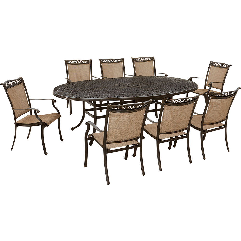 Fontana9pc: 8 Sling Dining Chairs, 96"x60" Oval Cast Table