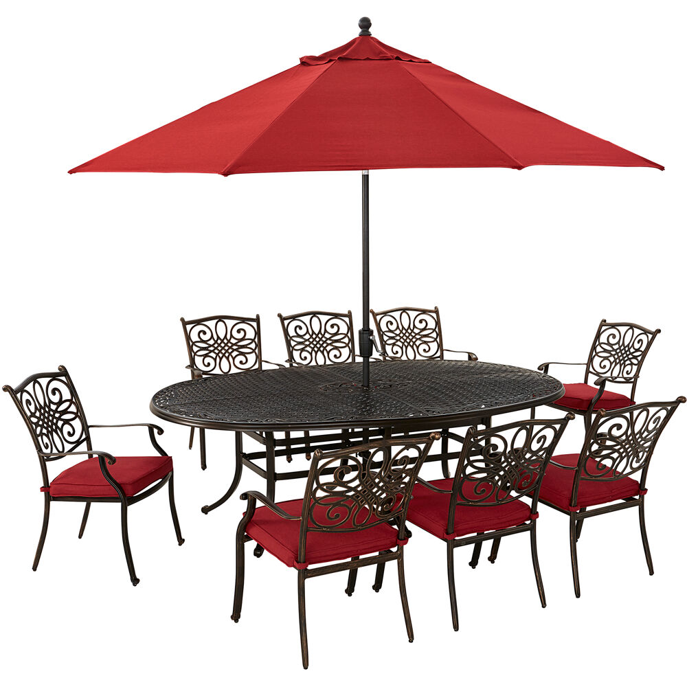 Traditions9pc: 8 Dining Chairs, 96"x60" Oval Cast Tbl, Umbrella, Base