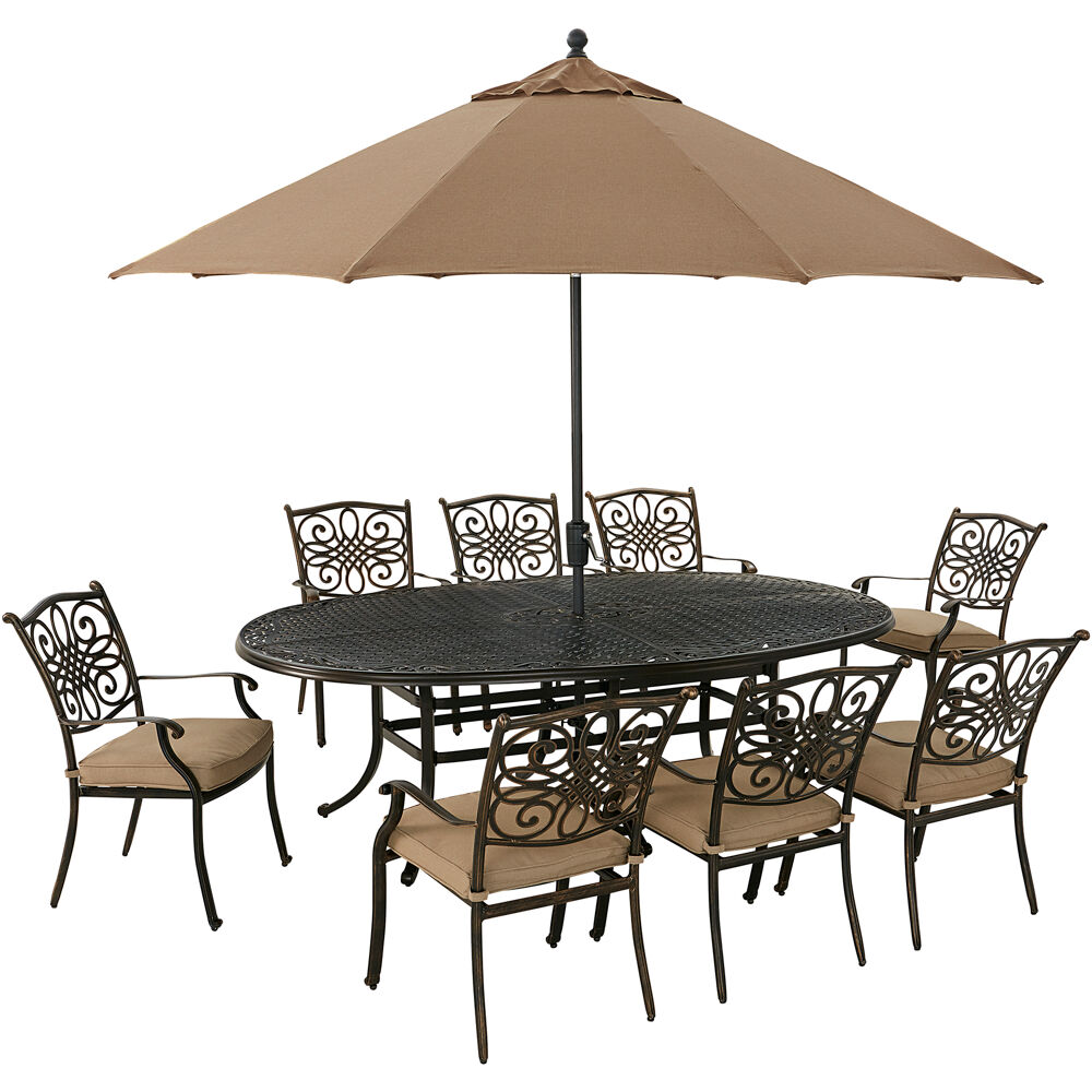 Traditions9pc: 8 Dining Chairs, 96"x60" Oval Cast Tbl, Umbrella, Base