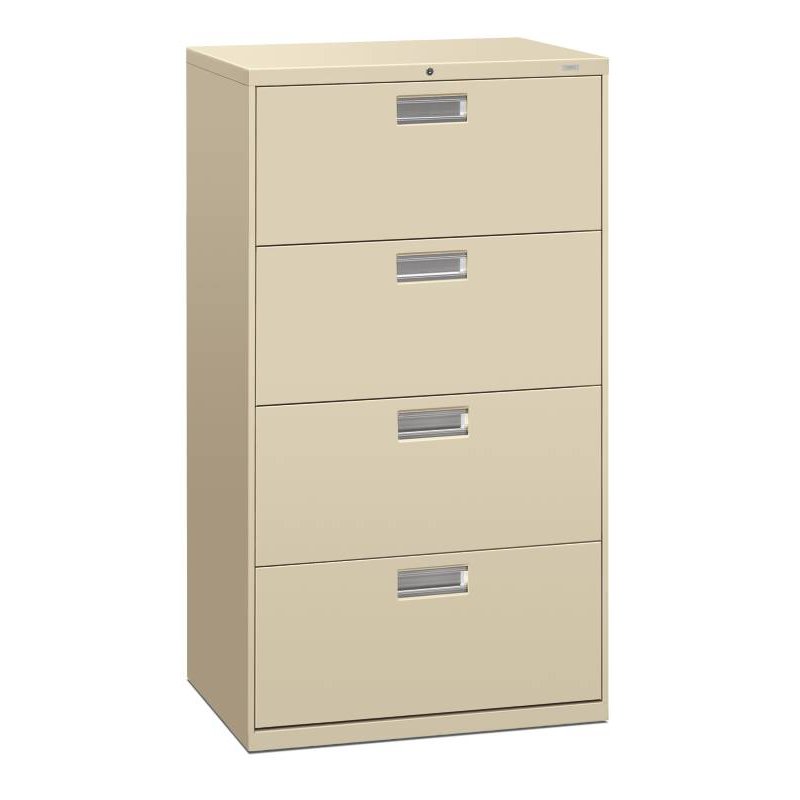 HON Brigade 600 Series Lateral File | 4 Drawers | Polished Aluminum Pull | 30"W x 19-1/4"D x 53-1/4"H | Putty Finish