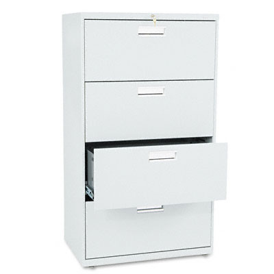 HON Brigade 600 Series Lateral File | 4 Drawers | Polished Aluminum Pull | 30"W x 19-1/4"D x 53-1/4"H | Light Gray Finish