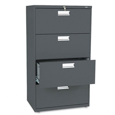HON Brigade 600 Series Lateral File | 4 Drawers | Polished Aluminum Pull | 30"W x 19-1/4"D x 53-1/4"H | Charcoal Finish