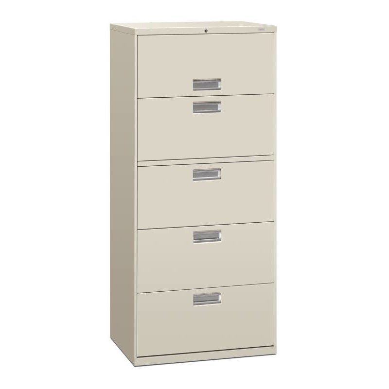 HON Brigade 600 Series Lateral File | 5 Drawers | Polished Aluminum Pull | 30"W x 19-1/4"D x 67"H | Light Gray Finish