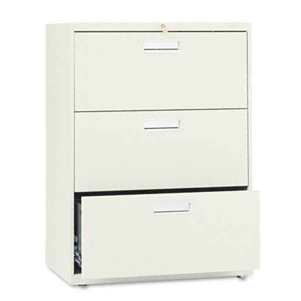 HON Brigade 600 Series Lateral File | 3 Drawers | Polished Aluminum Pull | 30"W x 19-1/4"D x 40-7/8"H | Putty Finish