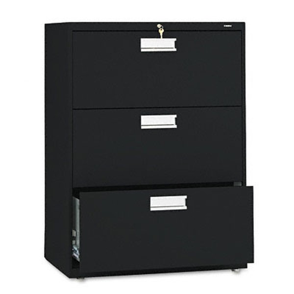 HON Brigade 600 Series Lateral File | 3 Drawers | Polished Aluminum Pull | 30"W x 19-1/4"D x 40-7/8"H | Black Finish