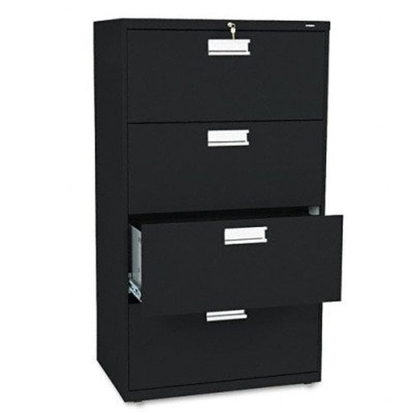 HON Brigade 600 Series Lateral File | 4 Drawers | Polished Aluminum Pull | 30"W x 19-1/4"D x 53-1/4"H | Black Finish