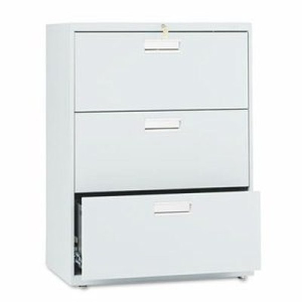 HON Brigade 600 Series Lateral File | 3 Drawers | Polished Aluminum Pull | 30"W x 19-1/4"D x 40-7/8"H | Light Gray Finish