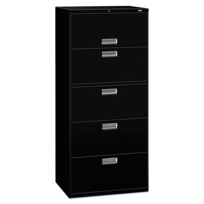 HON Brigade 600 Series Lateral File | 5 Drawers | Polished Aluminum Pull | 30"W x 19-1/4"D x 67"H | Black Finish