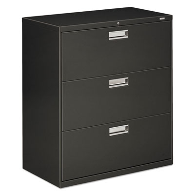 HON Brigade 600 Series Lateral File | 3 Drawers | Polished Aluminum Pull | 36"W x 19-1/4"D x 40-7/8"H | Charcoal Finish
