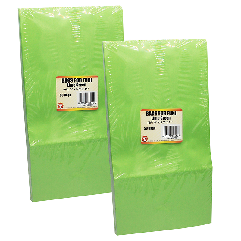 Gusseted Paper Bags, #6 (6" x 3.5" x 11"), Lime Green, 50 Per Pack, 2 Packs