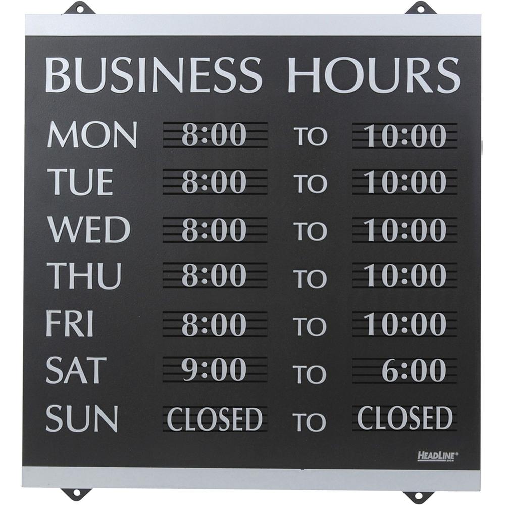 Headline Signs Business Hours Sign - 1 Each - Business Hours Print/Message - 14" Width - Heavy Duty, Durable - Plastic - Black