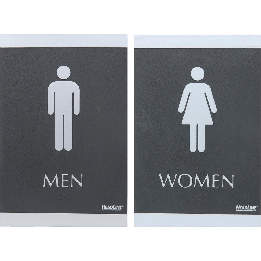 Headline Signs ADA MEN/WOMEN Restroom Sign - 1 Set - Men, Women Print/Message - 6" Width - Rectangular Shape - Silver Print/Mess