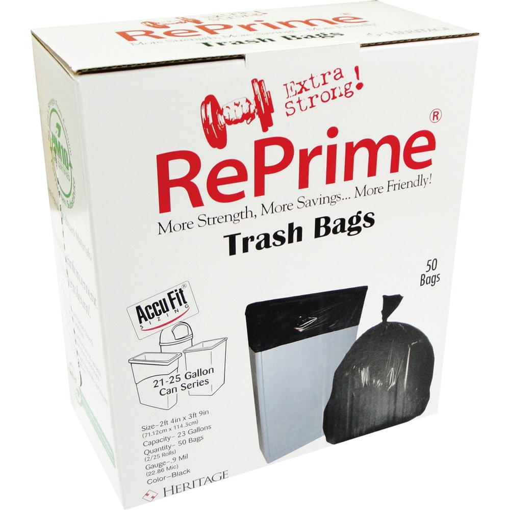 Heritage Accufit RePrime Trash Bags - 23 gal Capacity - 28" Width x 45" Length - 0.90 mil (23 Micron) Thickness - Low Density - 