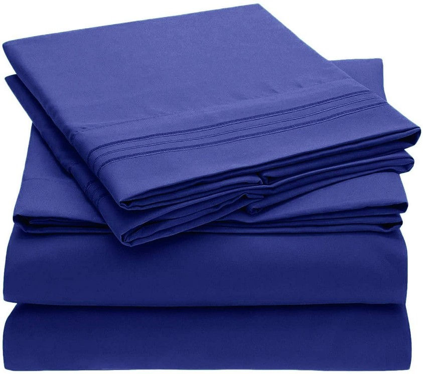 Embroidery Soft Sheet Set Wrinkle Resistant Queen Dark Blue 