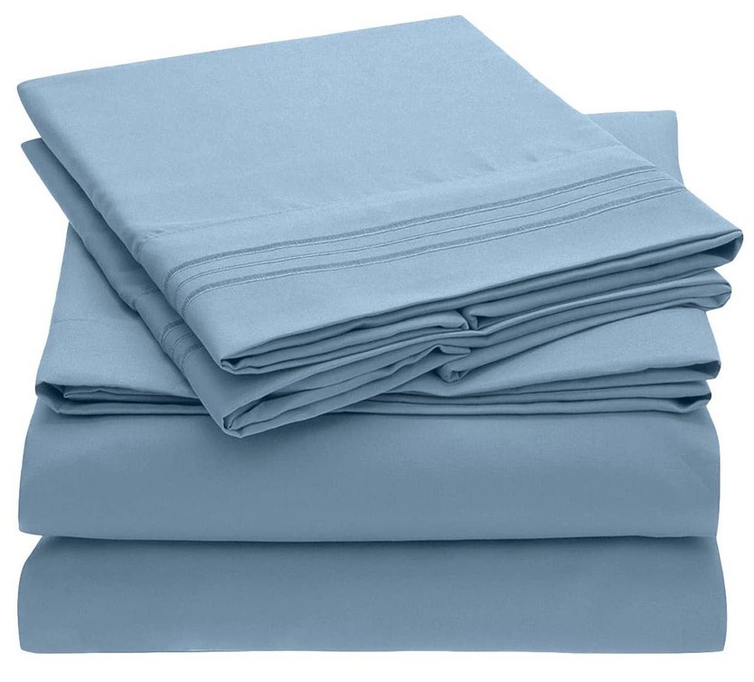 Embroidery Soft Sheet Set Wrinkle Resistant Twin Light Blue 