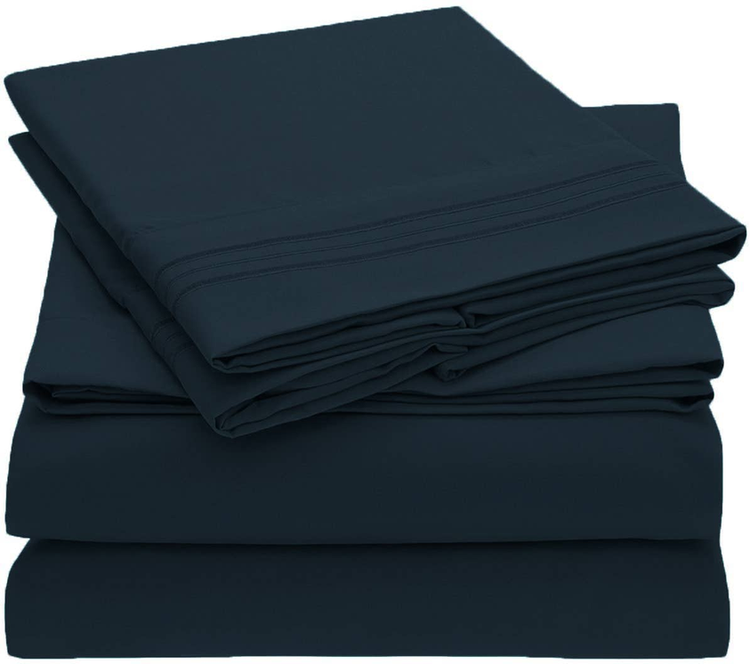 Embroidery Soft Sheet Set Wrinkle Resistant Twin Navy Blue 