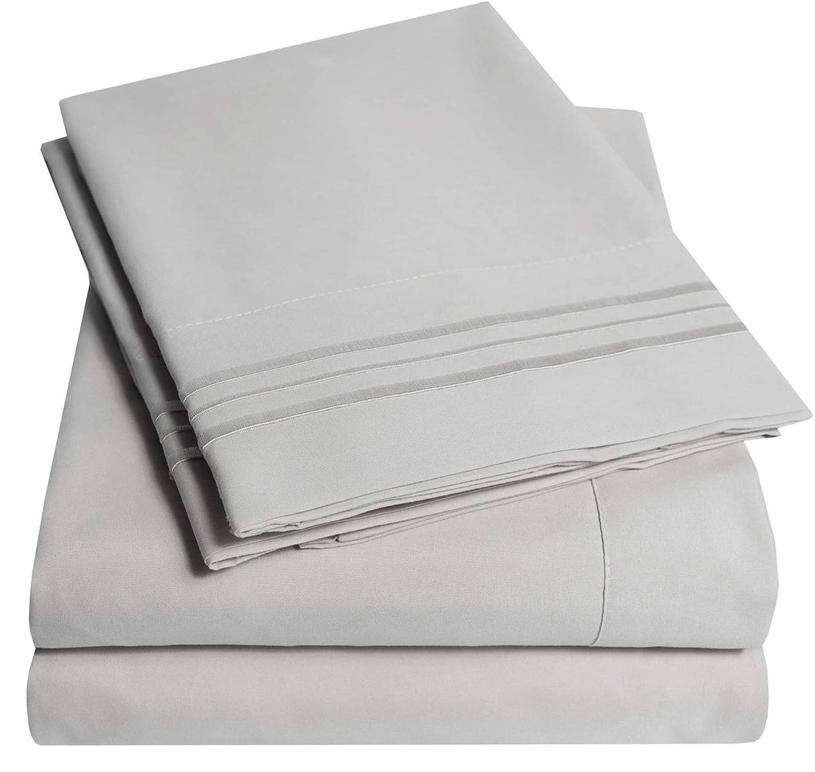 Light Color Embroidery Soft Sheet Set Wrinkle Resistant Full Light Grey 