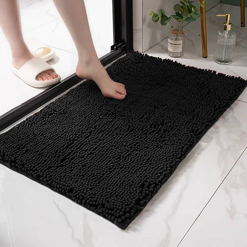 Soft Cozy Chenille Bath Mat Absorbent Bathroom Rug Black 