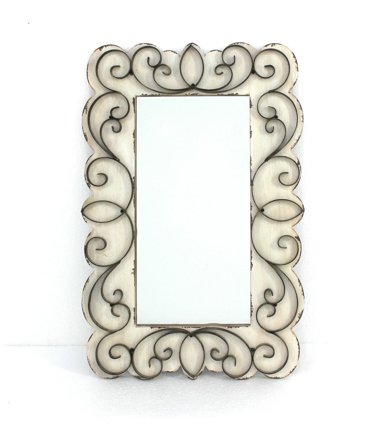 32.75" x 21.75" x 1.25" White, Vintage Decorative, Wood & Metal - Wall Mirror