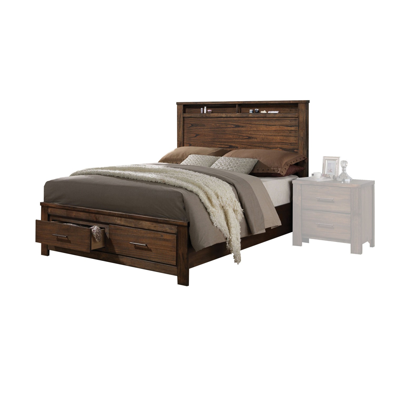 Oak Finish Queen Bed with Storage Headboard and Footboard