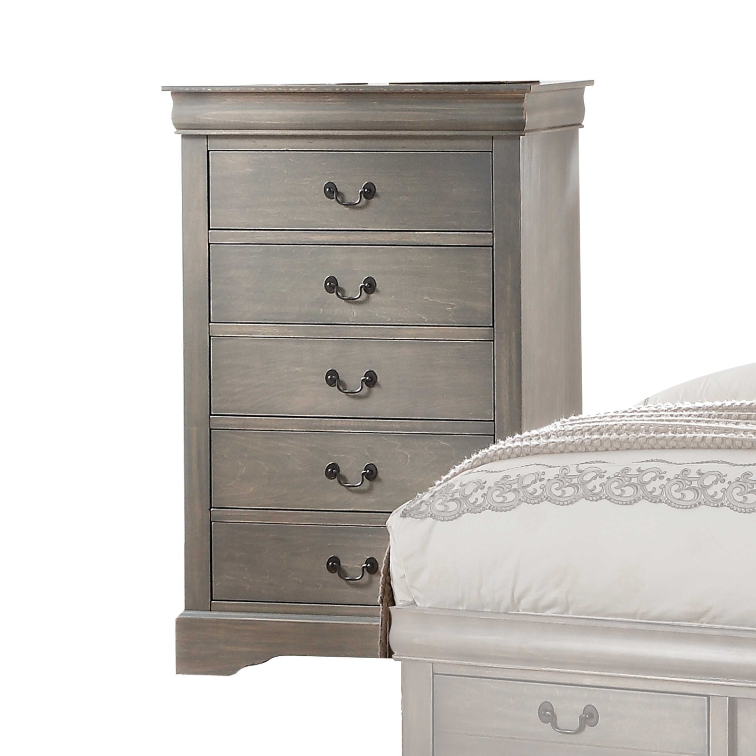48" Antiqued Gray 5 Drawer Chest Dresse with Brushed Nickel Metal hardware
