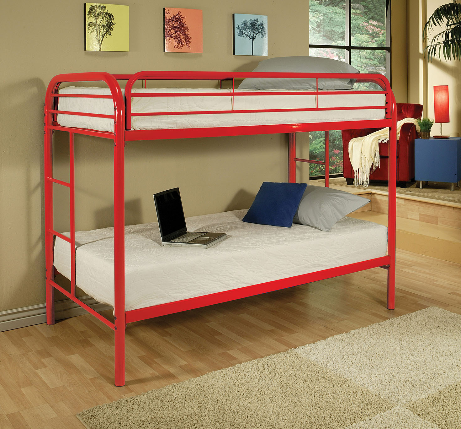 78" X 41" X 60" Twin Over Twin Red Metal Tube Bunk Bed