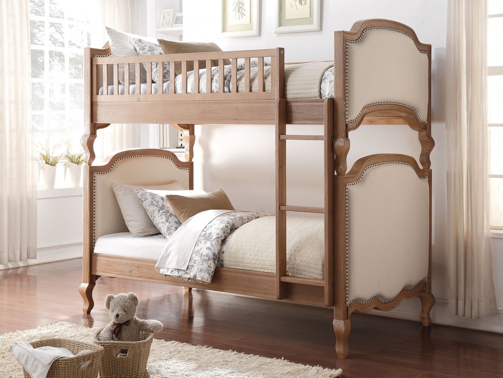 82" X 44" X 73" Twin Over Twin Cream Linen Salvage Oak Fabric Bunk Bed