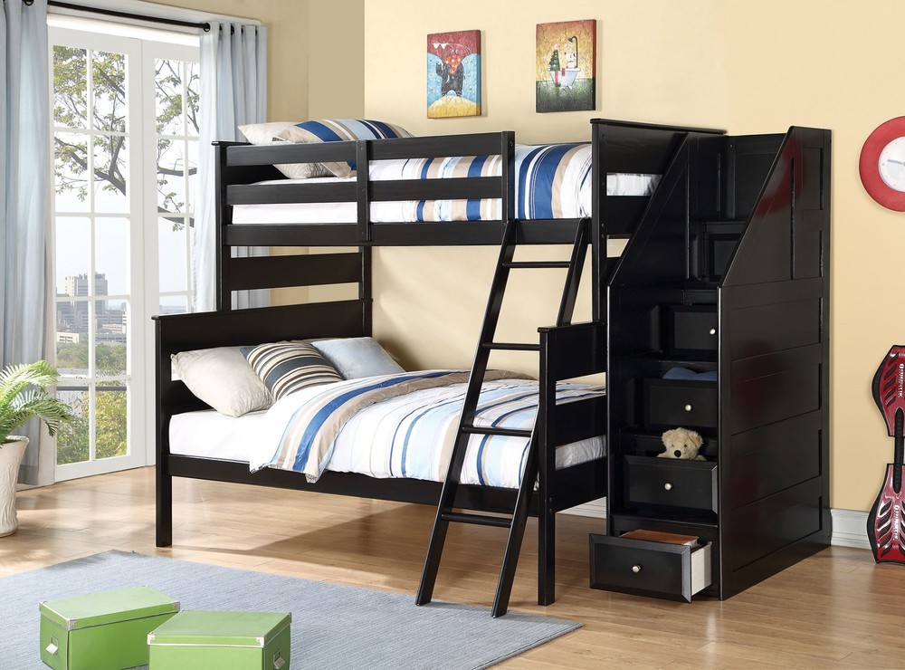 81" X 58" X 68" Black Twin Over Full Bunk Bed with Storage Ladder
