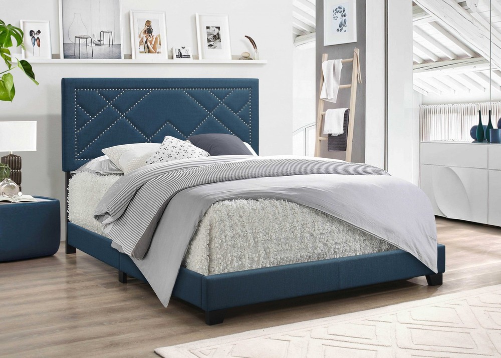 64" X 86" X 50" Dark Teal Fabric Upholstered Bed Wood Leg Queen Bed