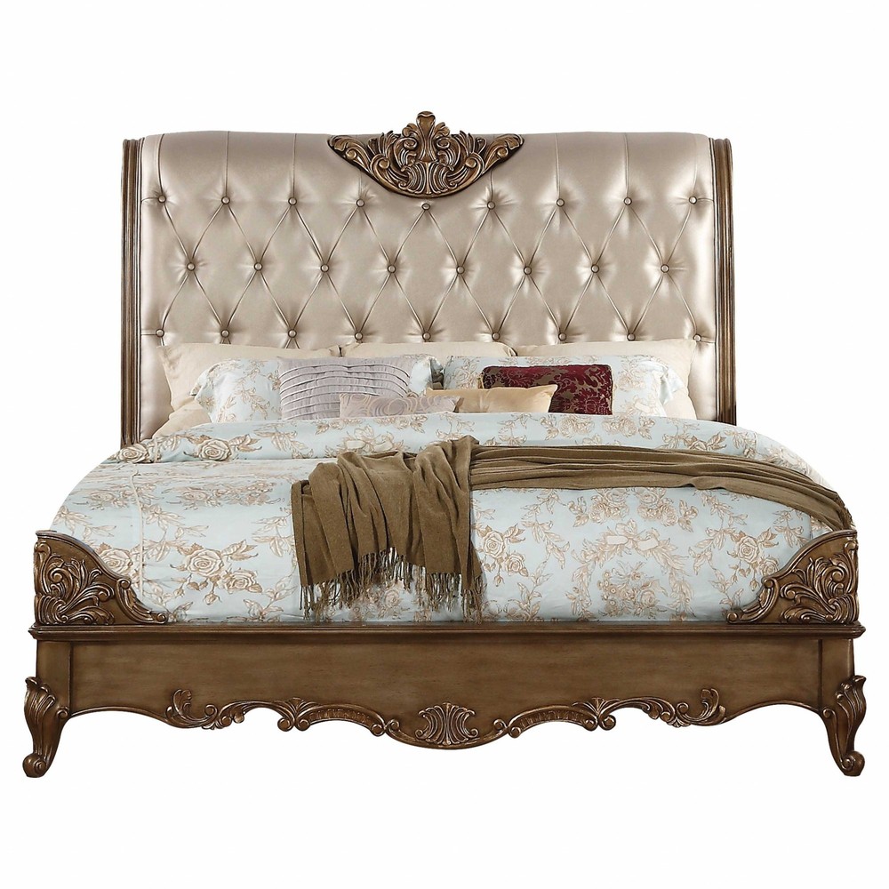 69" X 103" X 71" Champagne PU Antique Gold Wood Upholstered HB Queen Bed