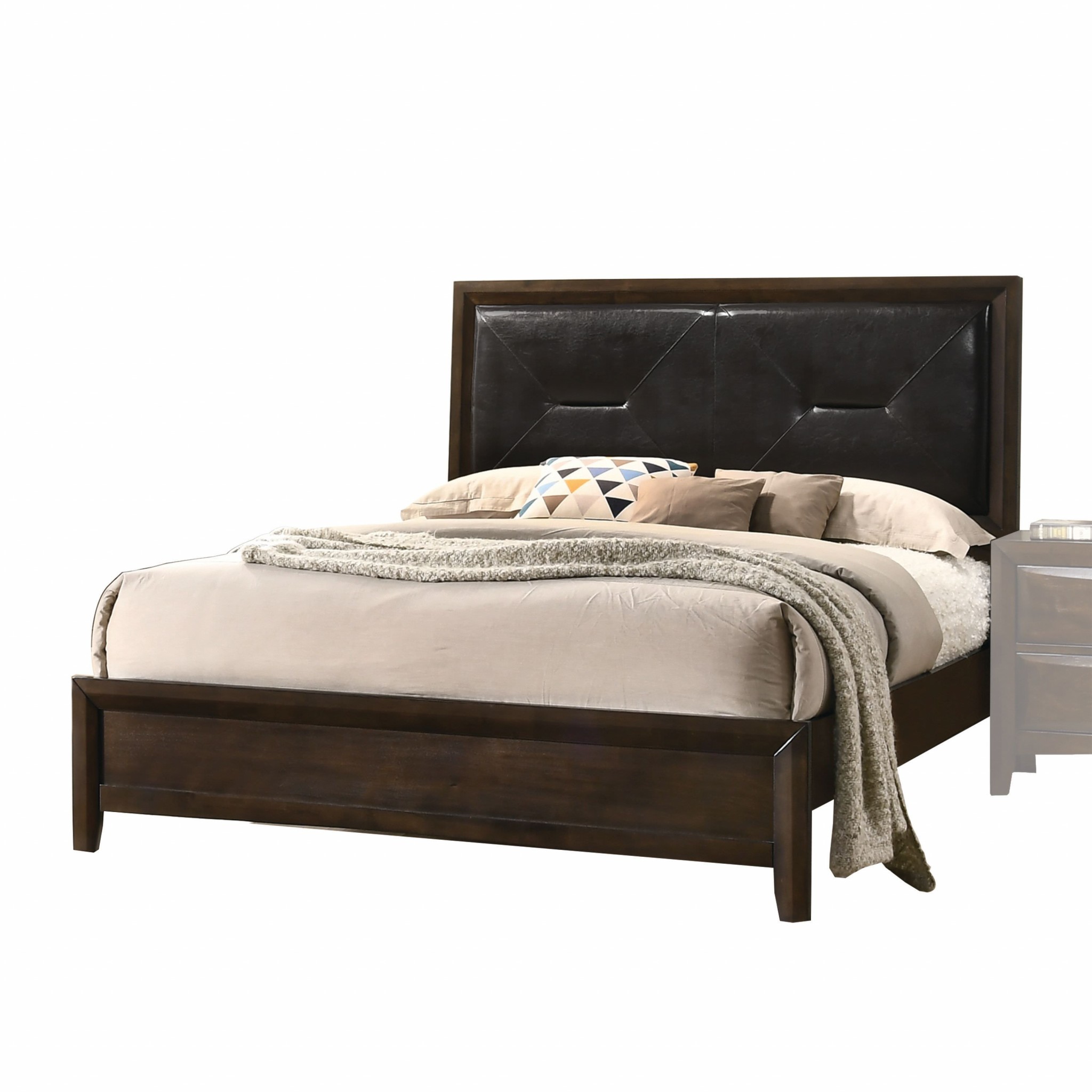64" X 83" X 52" Black PU Walnut Wood Upholstered HB Queen Bed