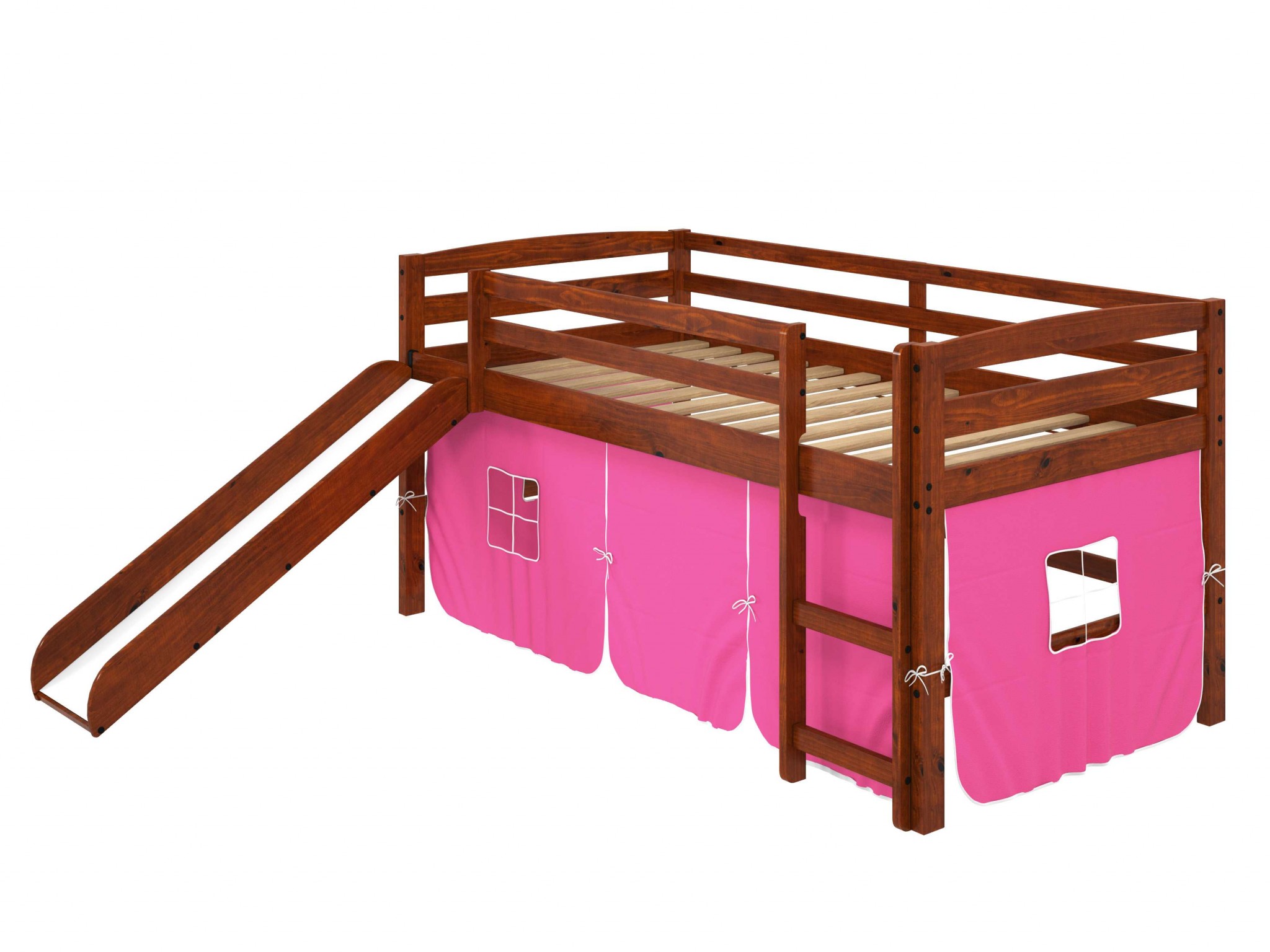 41" X 81" X 46" Chocolate Solid Pine Pink Tent Loft Bed with Slide and Ladder