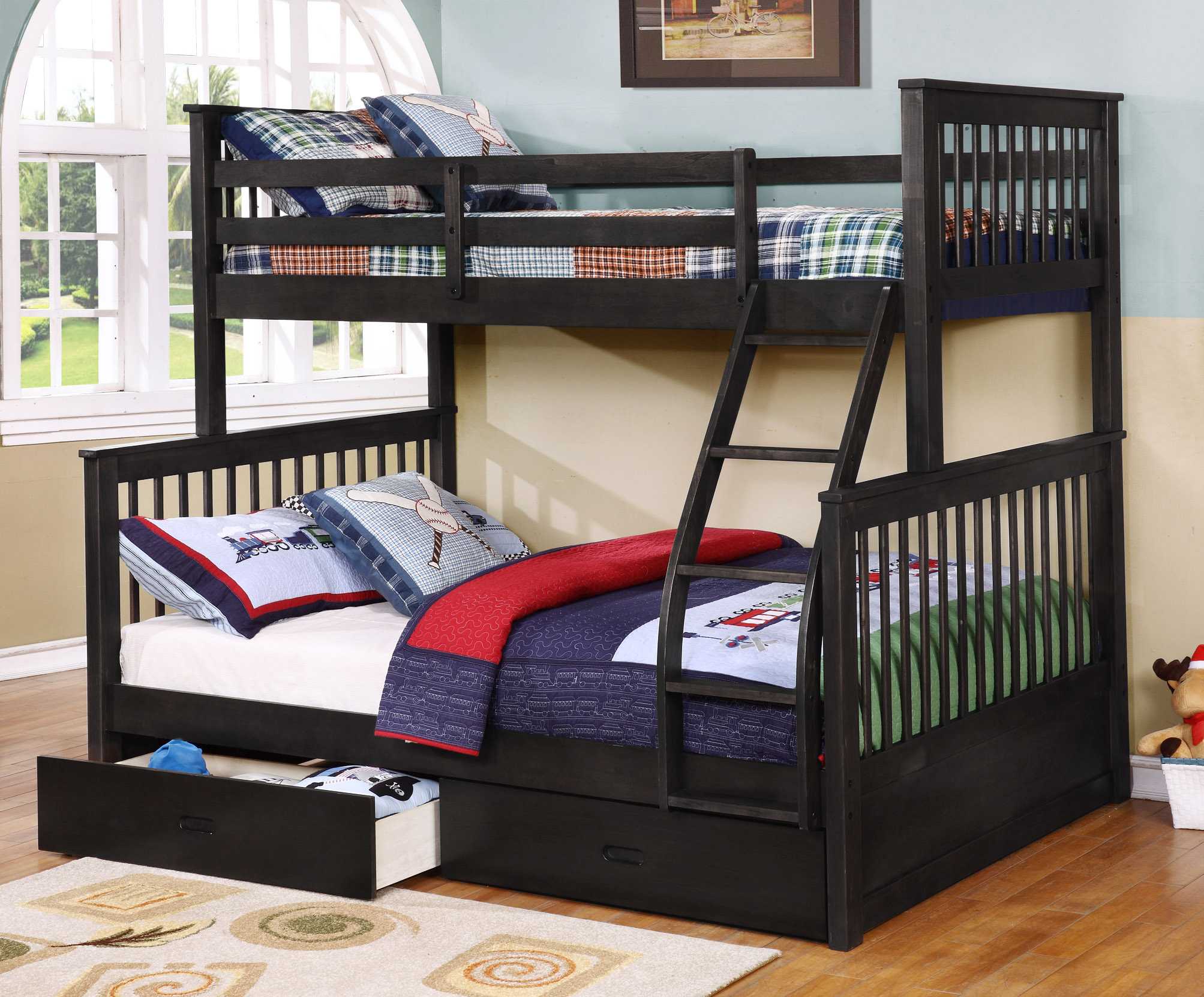 80.5" X 41.5-57.5" X 70.25" Charcoal Manufactured Wood and Solid Wood Twin or Full Bunk Bed with 2 Drawers