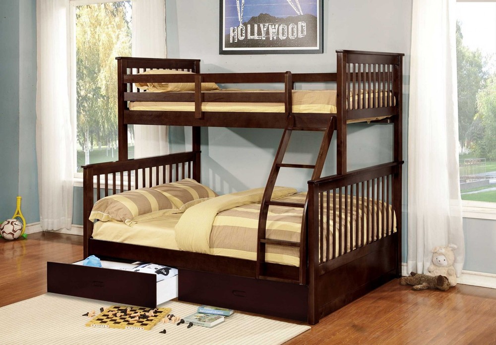 80.5" X 41.5-57.5" X 70.25" Brown Manufactured Wood and Solid Wood Twin or Full Bunk Bed with 2 Drawers
