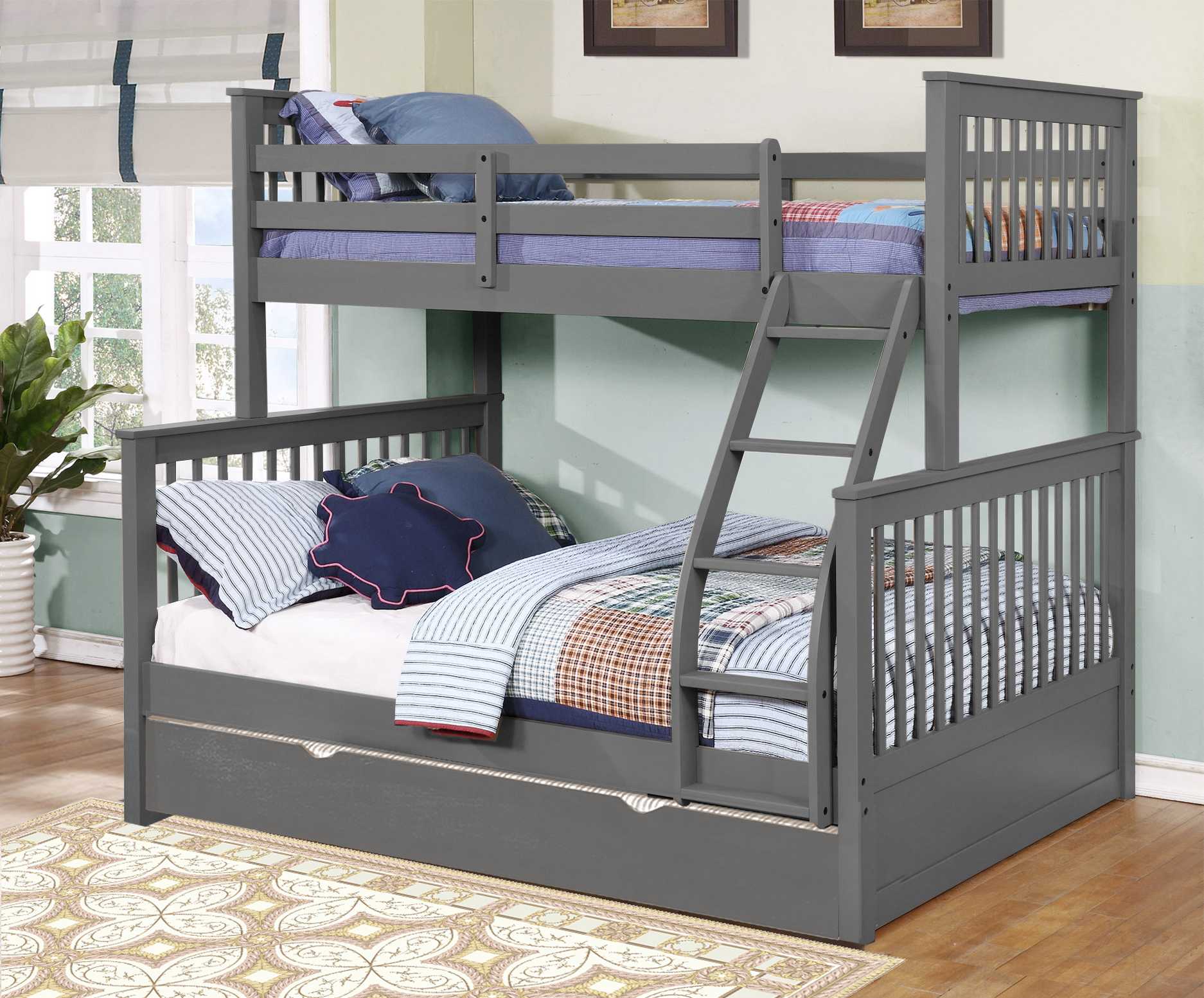 80.5" X 41.5-57.5" X 70.25" Grey Manufactured Wood and Solid Wood Twin or Full Bunk Bed with Matching Trundle