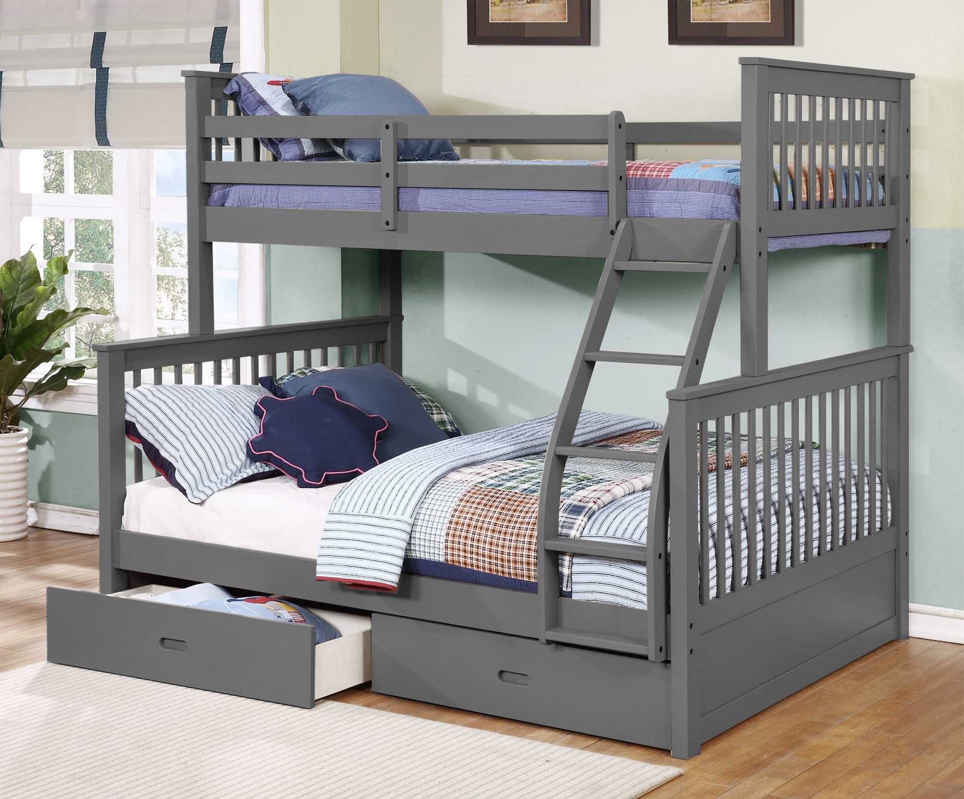 80.5" X 41.5-57.5" X 70.25" Grey Manufactured Wood and Solid Wood Twin or Full Bunk Bed with 2 Drawers
