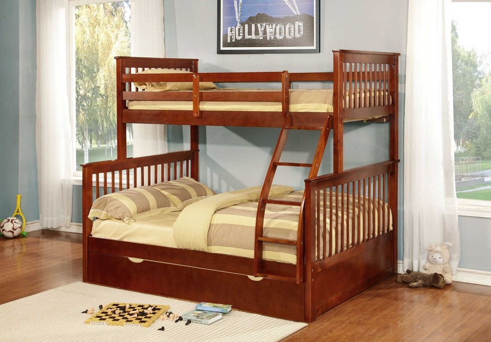 80.5" X 41.5-57.5" X 70.25" Walnut Manufactured Wood and Solid Wood Twin or Full Bunk Bed with Matching Trundle