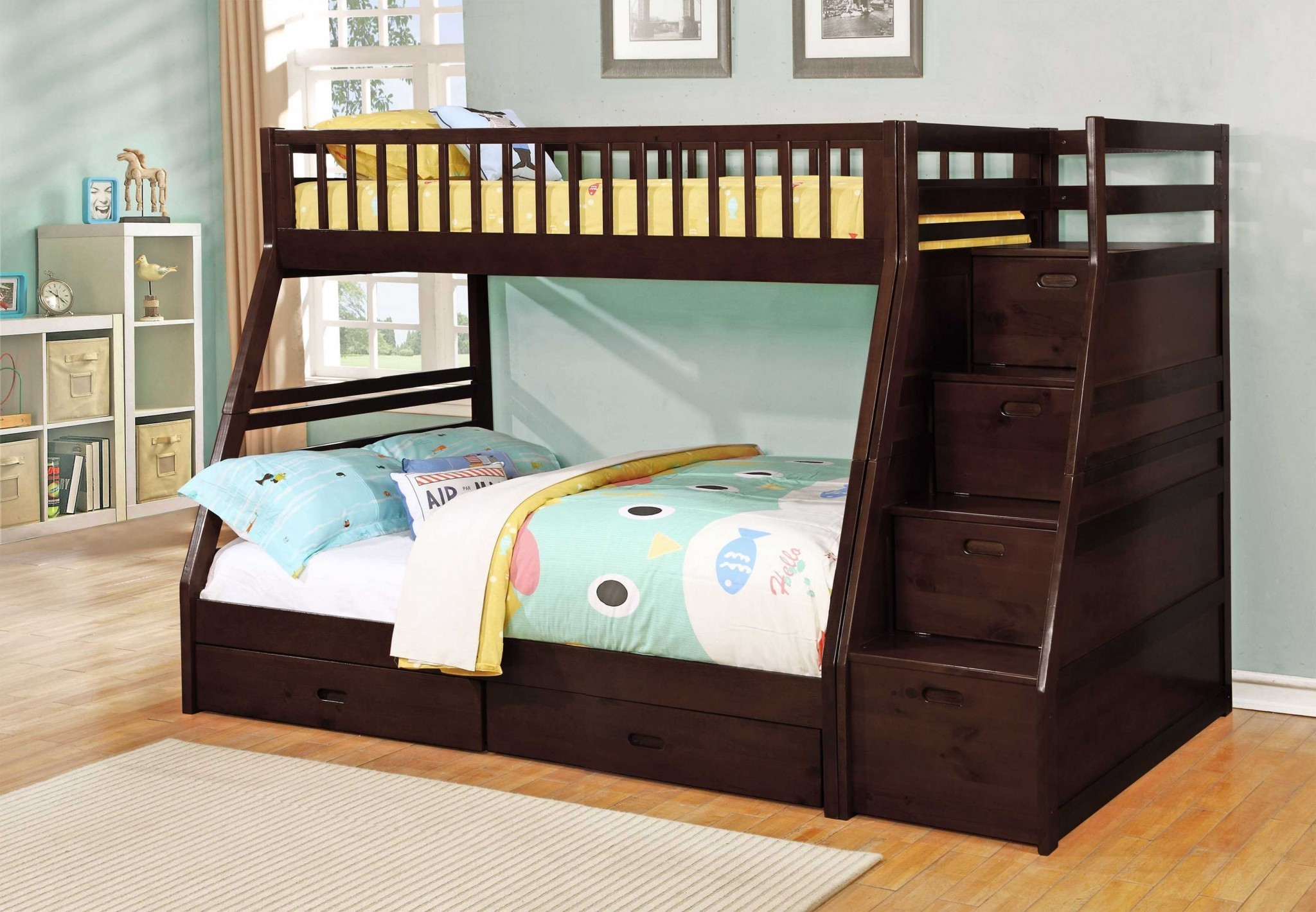 81" X 59" X 65" Brown Manufactured Wood and Solid Wood Twin or Full Staircase Bunk Bed with Storage