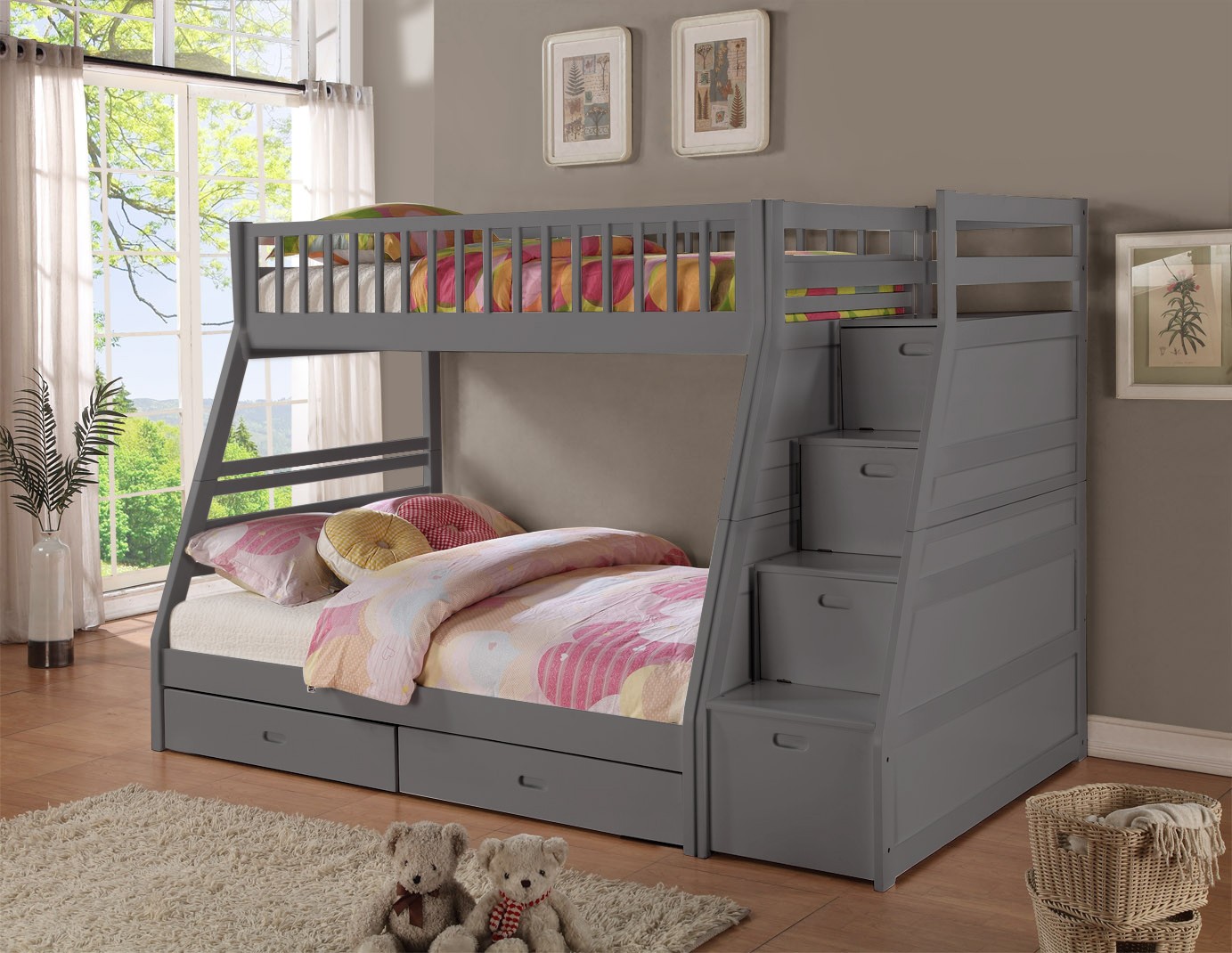 81" X 59" X 65" Grey Manufactured Wood and Solid Wood Twin or Full Staircase Bunk Bed with Storage