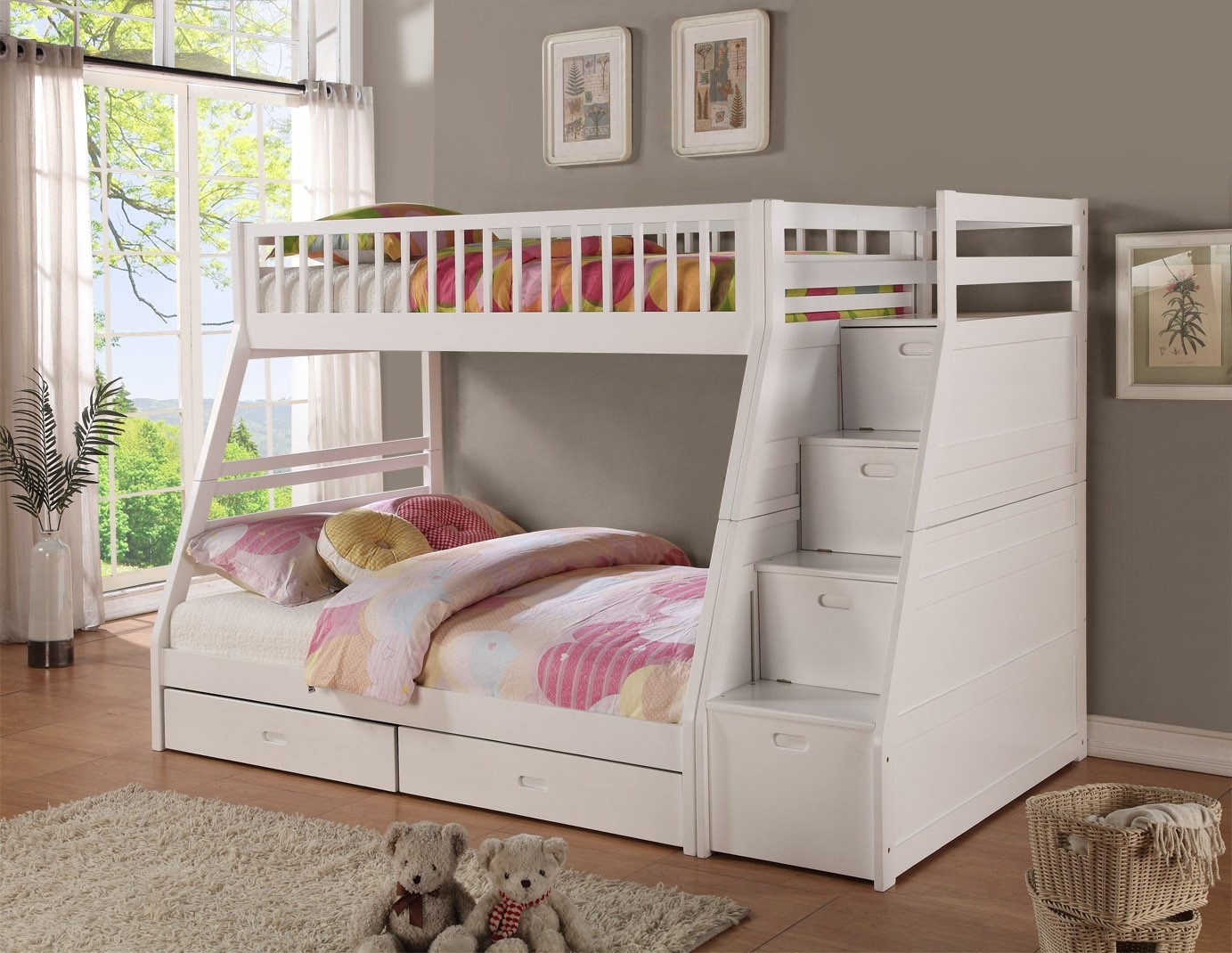 81" X 59" X 65" White Manufactured Wood and Solid Wood Twin or Full Staircase Bunk Bed with Storage