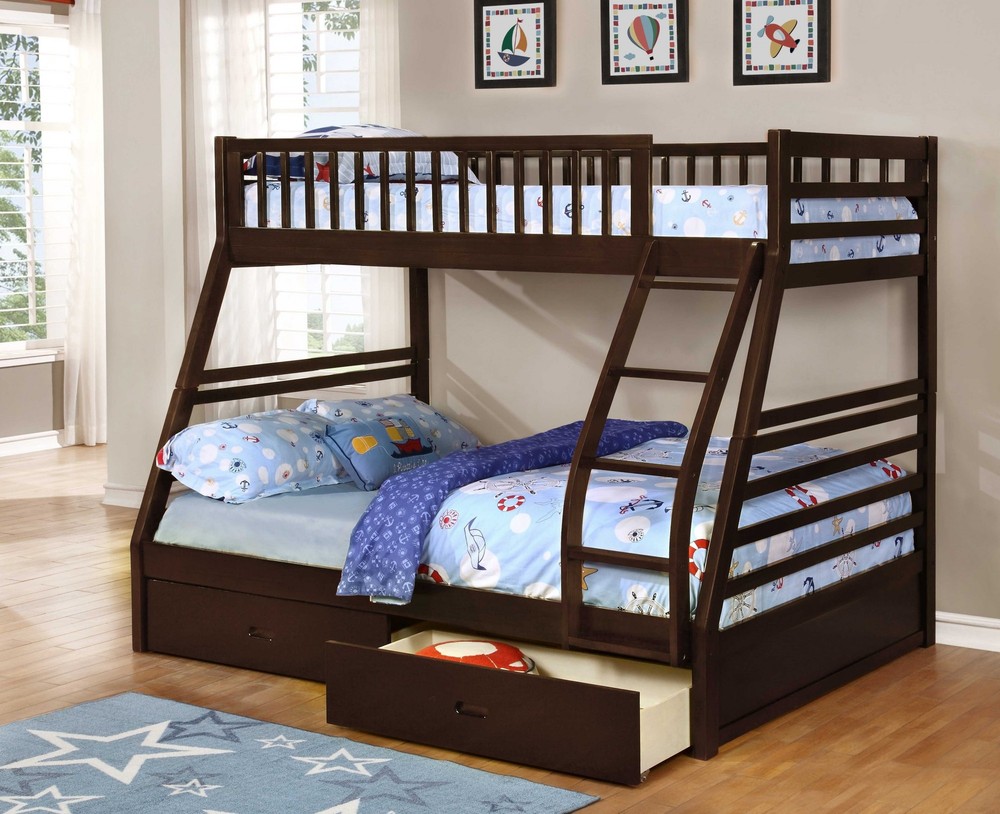 78.75" X 42.5-57.25" X 65" Brown Manufactured Wood and Solid Wood Twin or Full Bunk Bed with 2 Drawers