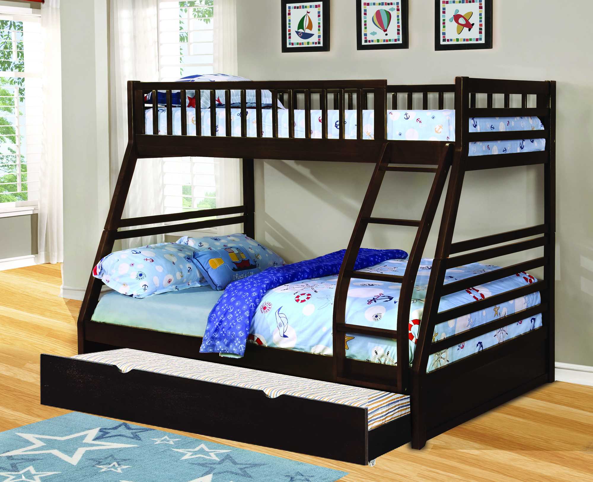 78.75" X 42.5-57.25" X 65" Brown Manufactured Wood and Solid Wood Twin or Full Bunk Bed with Matching Trundle