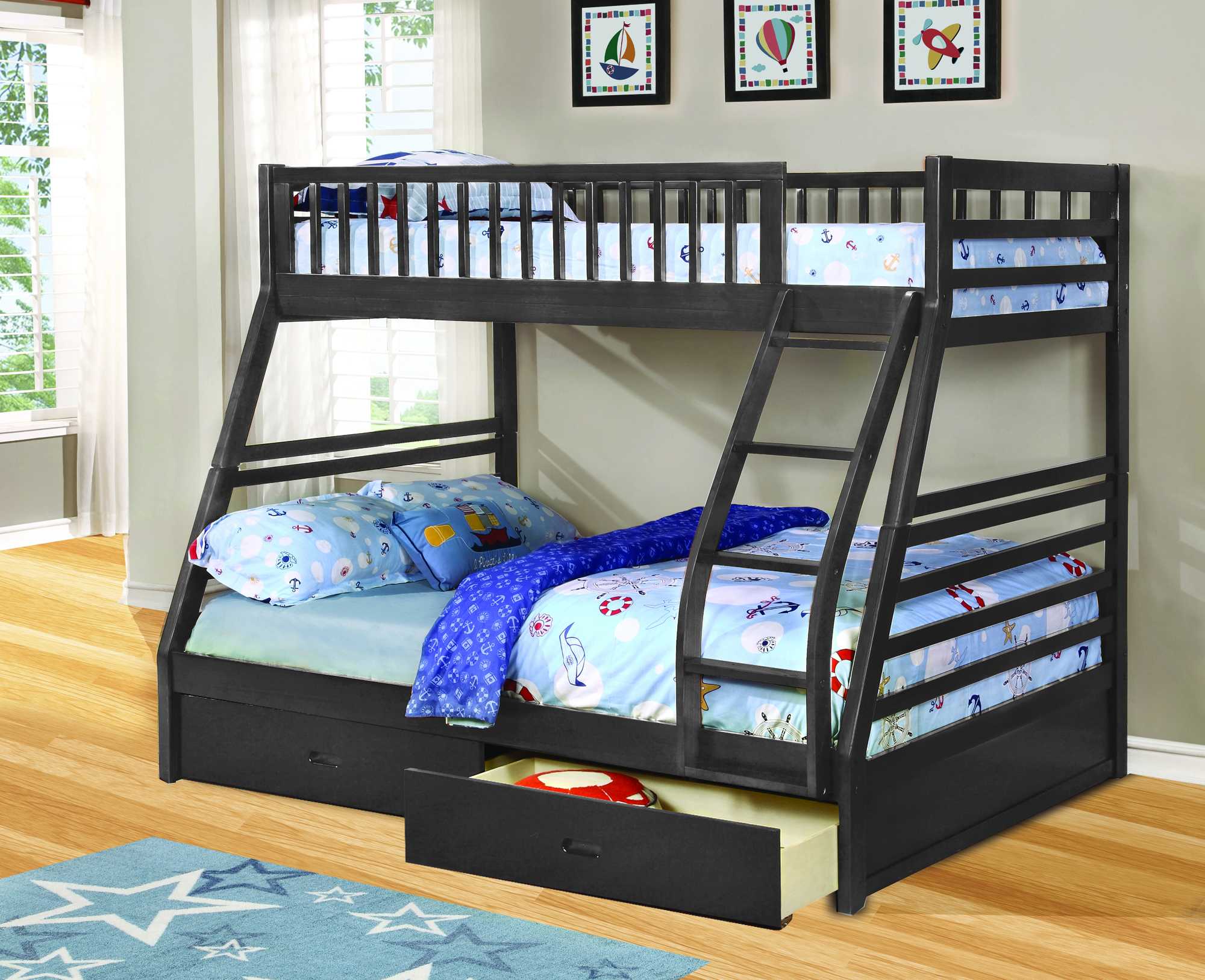 78.75" X 42.5-57.25" X 65" Grey Manufactured Wood and Solid Wood Twin or Full Bunk Bed with 2 Drawers