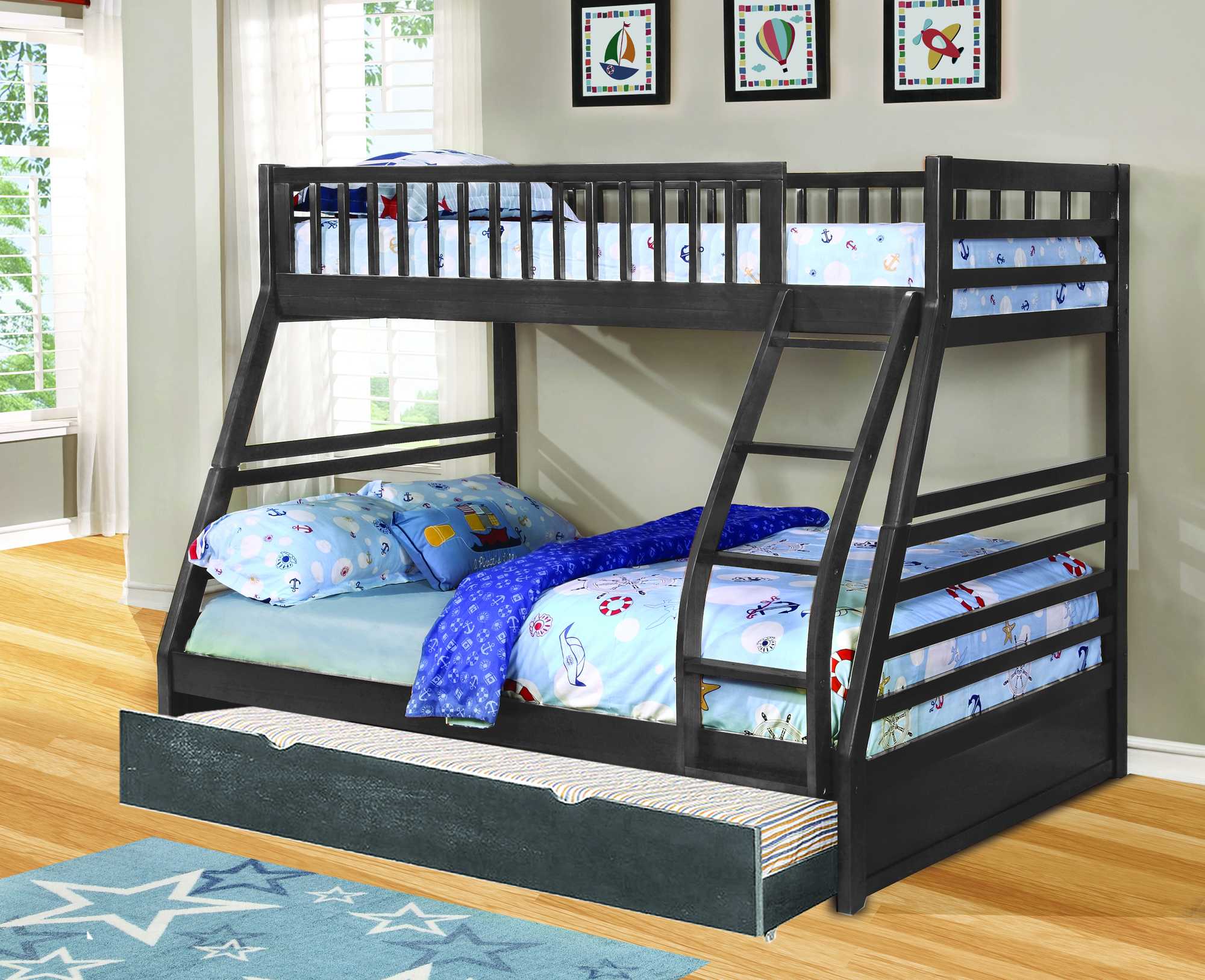 78.75" X 42.5-57.25" X 65" Grey Manufactured Wood and Solid Wood Twin or Full Bunk Bed with Matching Trundle