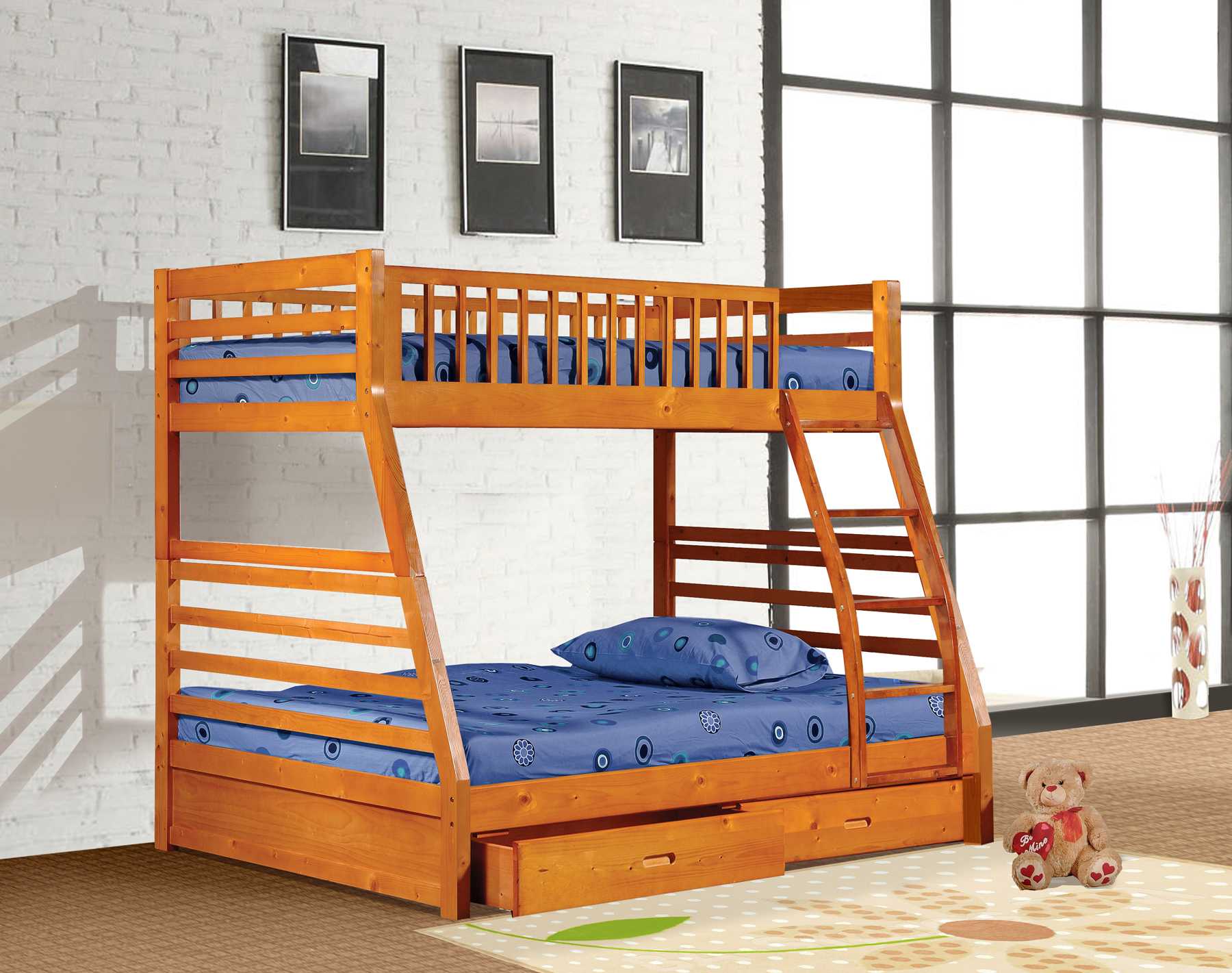 78.75" X 42.5-57.25" X 65" Oak Manufactured Wood and Solid Wood Twin or Full Bunk Bed with 2 Drawers