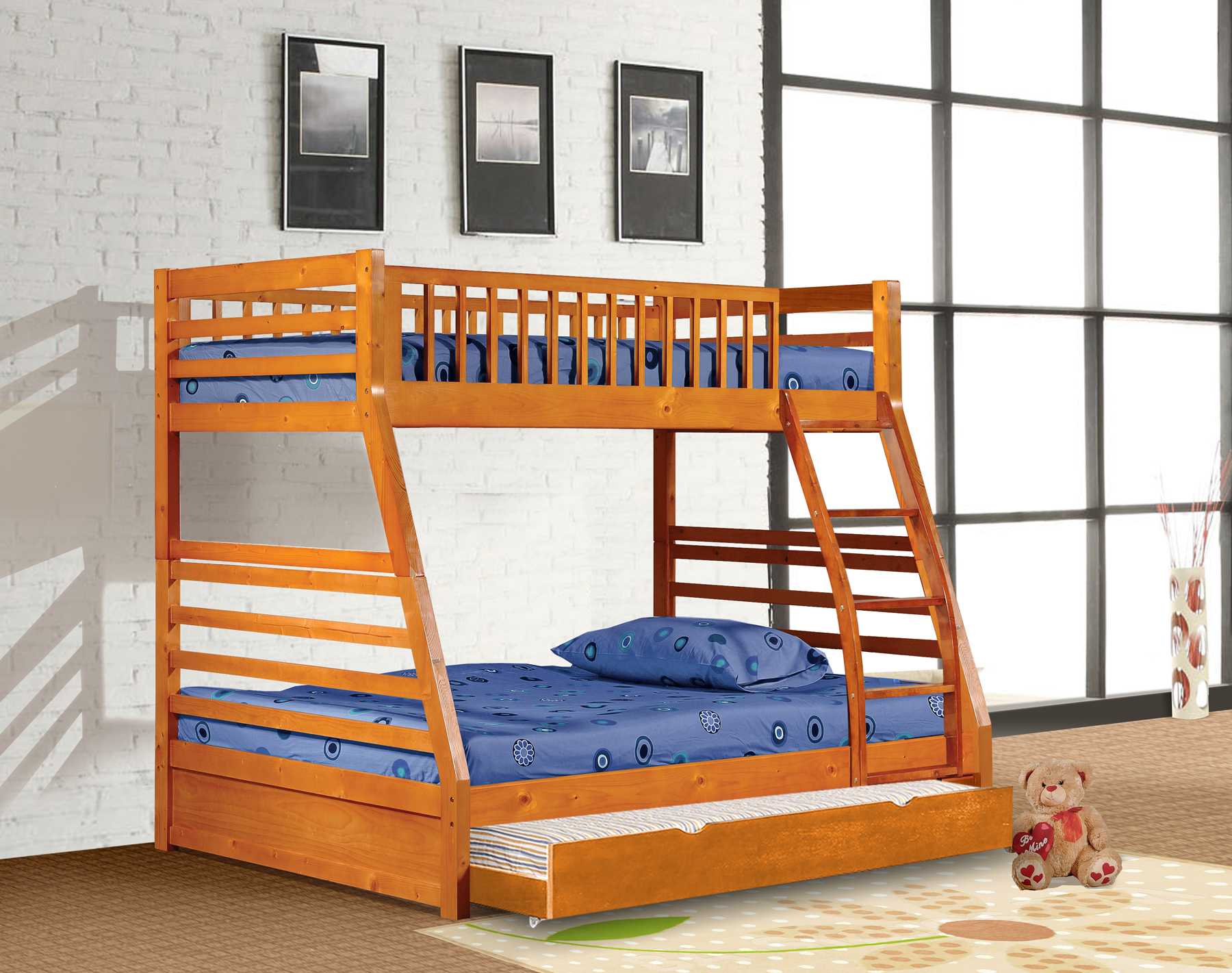 78.75" X 42.5-57.25" X 65" Oak Manufactured Wood and Solid Wood Twin or Full Bunk Bed with Matching Trundle
