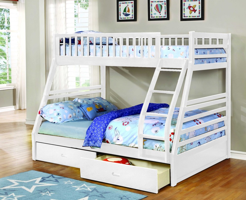 78.75" X 42.5-57.25" X 65" White Manufactured Wood and Solid Wood Twin or Full Bunk Bed with 2 Drawers