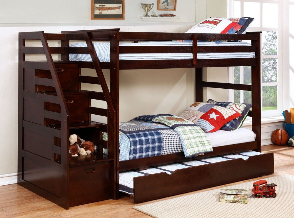 77.75" X 43.5" X 62.5" Brown Manufactured Wood and Solid Wood Twin or Twin Staircase Bunk Bed with Trundle & Storage Steps