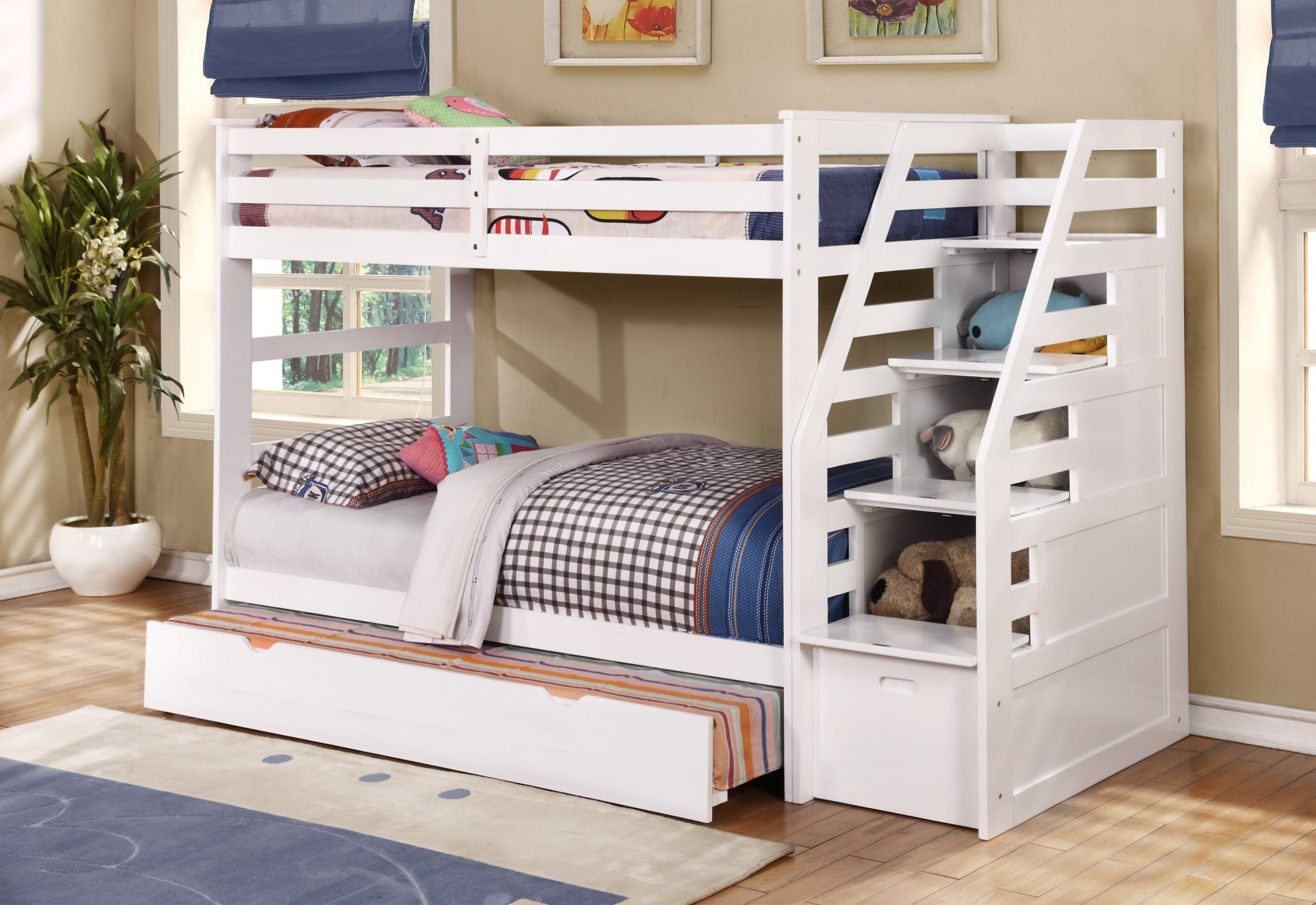 77.75" X 43.5" X 62.5" White Manufactured Wood and Solid Wood Twin or Twin Staircase Bunk Bed with Trundle & Storage Steps